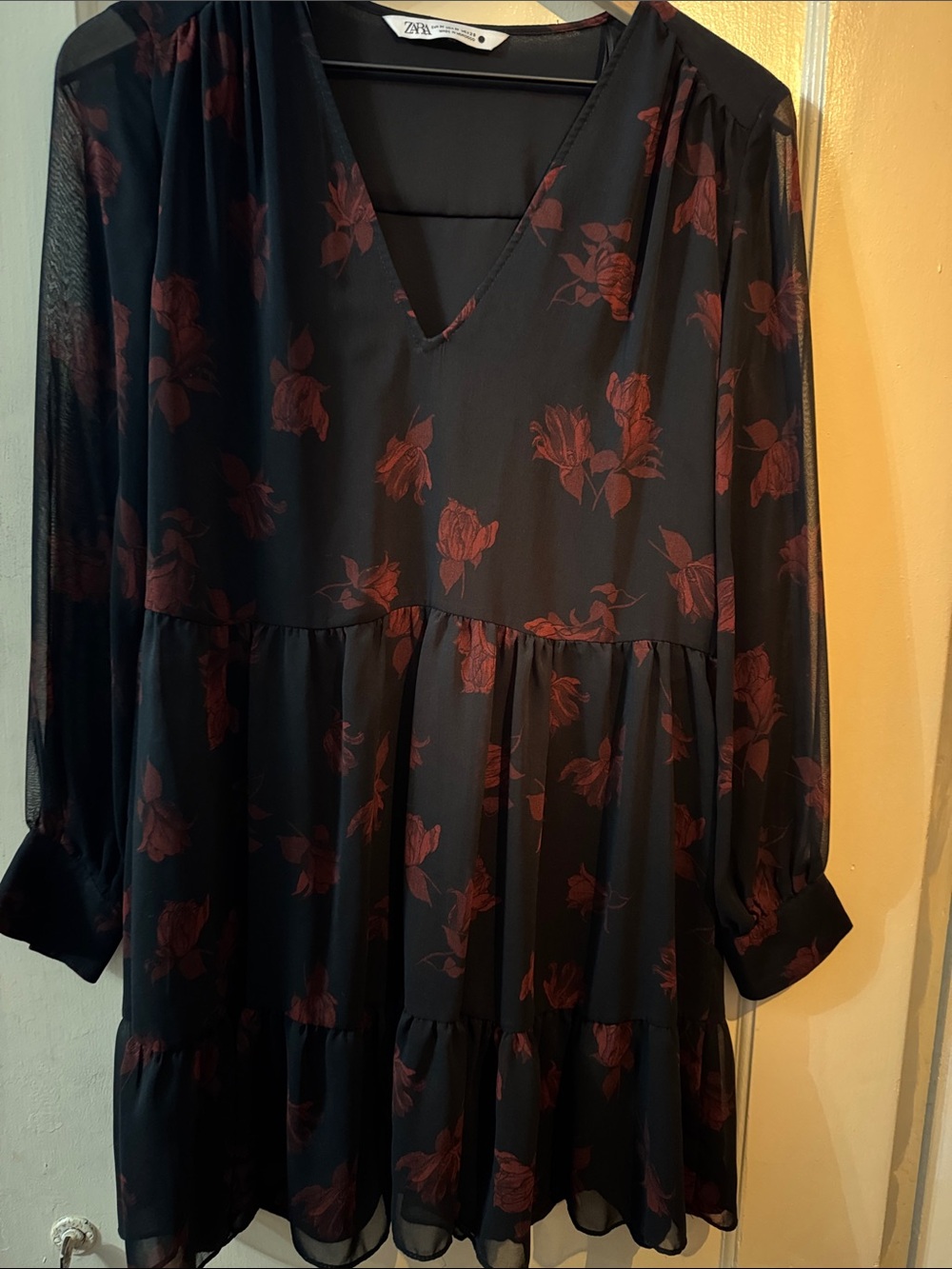 Zara Black Dress with Burgundy Floral Print, Long Sleeve Tiered Mini